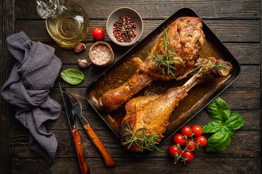 Two turkey legs in a pan