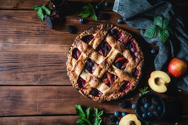 High-angle photograph of a lattice fruit pie