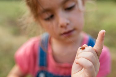 Cheerful little girl holding lady bug on her hand