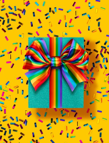 Gift boxes wrapped with a rainbow bow