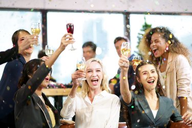 Corporate office party, work social event at workplace celebrations