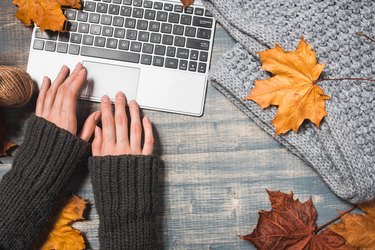 Workspace with yellow and red maple leaves.