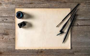 Letter paper writing tools Ink pen inkwell Vintage background