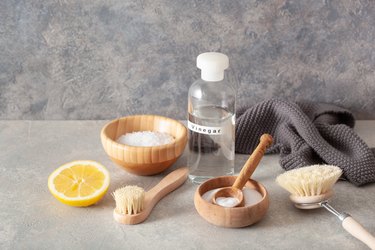 zero waste eco friendly cleaning concept. wooden brushes, lemon, baking soda, vinegar