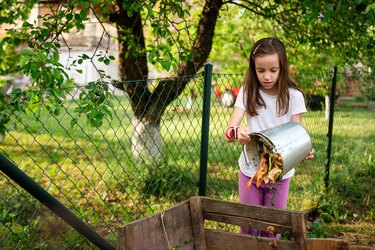 Leftover vegetable and food waste poured into a recycle compost container outdoors