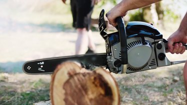 Close-up parallax of a lumberjack sawing a wood on the beach of a lake, river