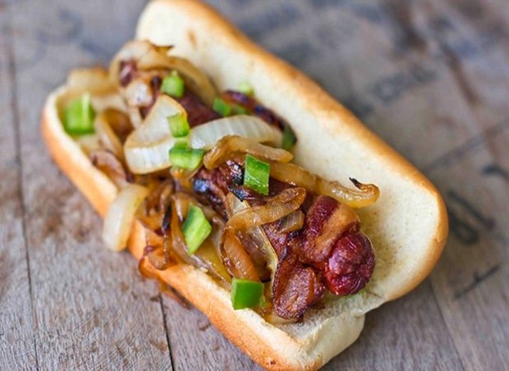 A Los Angeles Danger Dog, piled with toppings.