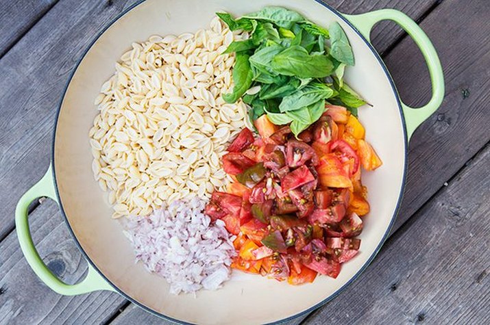 The base of a one-pot caprese pasta
