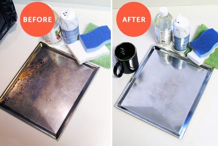 A dirty baking sheet and a clean one.