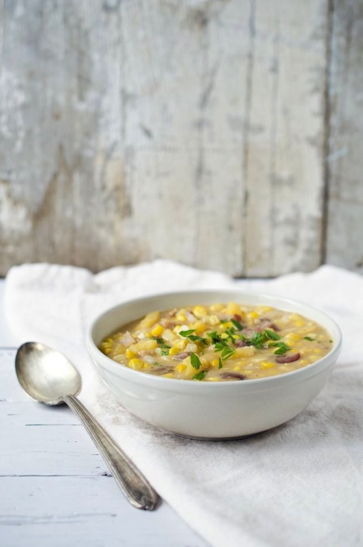 A bowl of bacon corn chowder.
