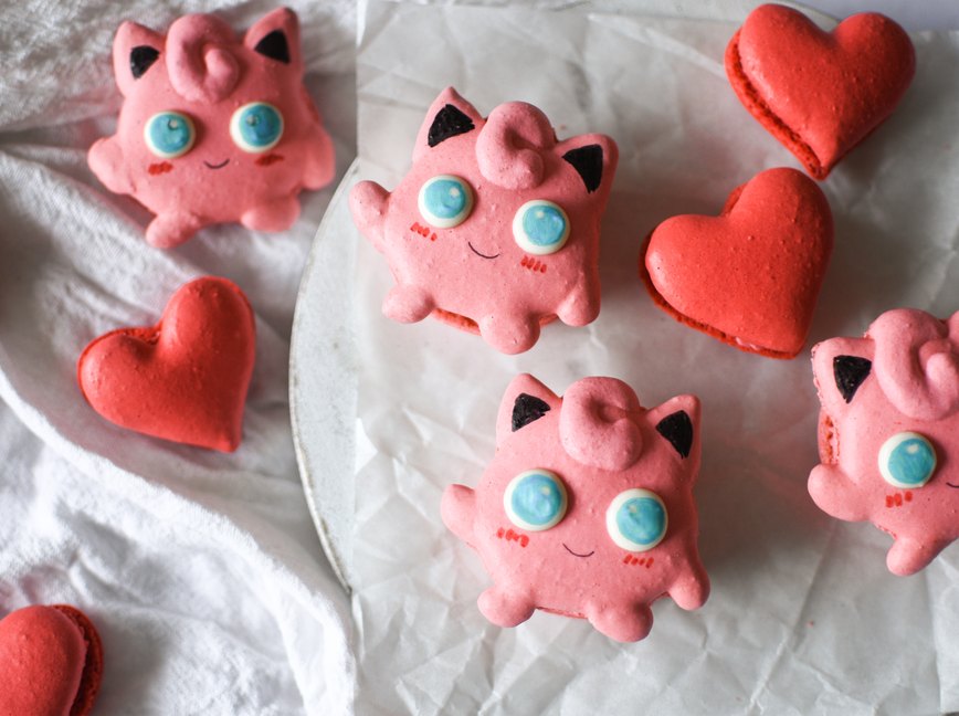 Completed jigglypuff and heart macarons